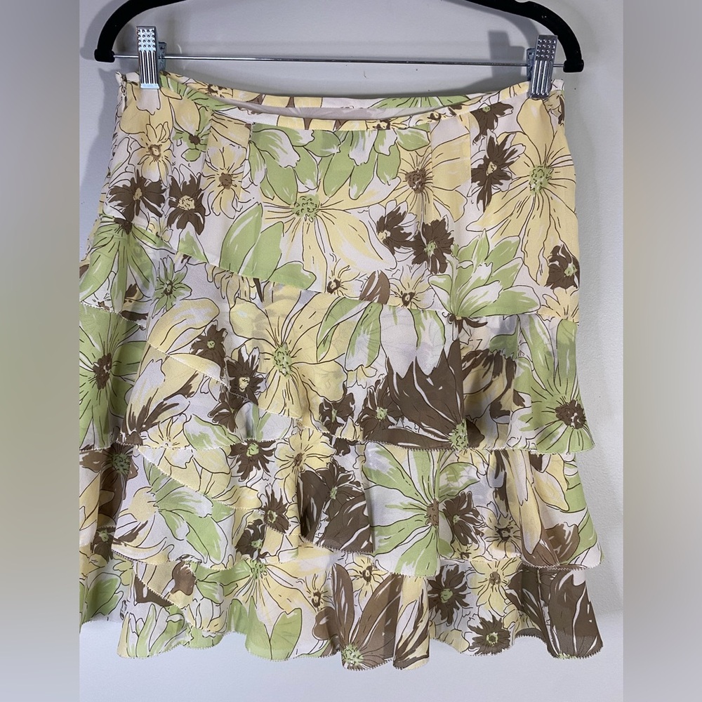 Y2k White skirt floral green brown yellow tiered mini fairycore cottagecore - Picture 2 of 7